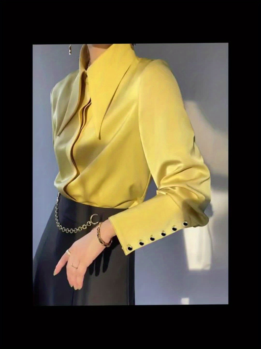 Women's Lapel Long Sleeve Casual Shirt - Button Front Solid Color Polyester Blouse