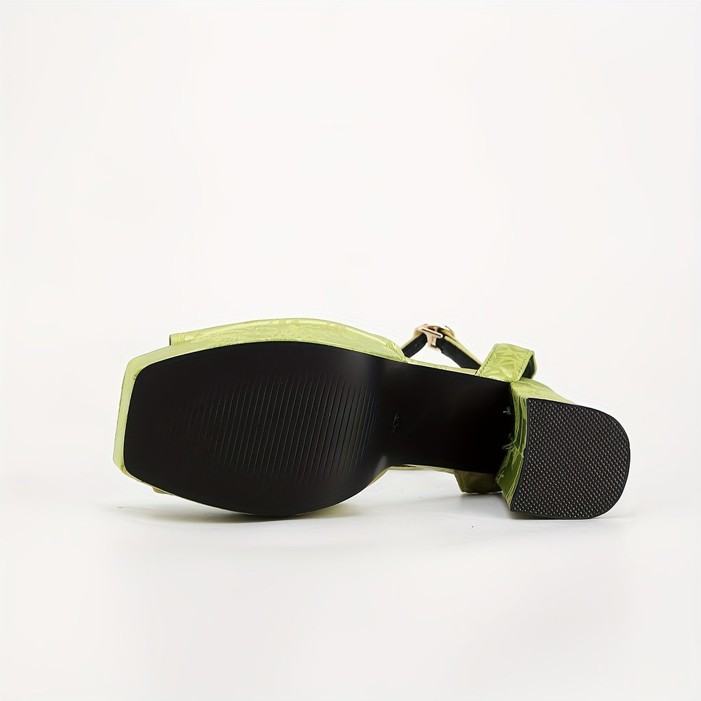 Vintage Chinese Style Women's High Heel Sandals - 4.7 in (12 cm) Block Heel, Chunky Square Toe T-Strap, Fish-Mouth Cross Buckle, Satin Print Rubber Sole