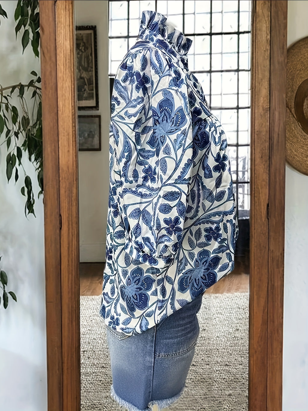 Women's Elegant Floral Short Sleeve Blouse - Stand Collar Lightweight Polyester Top for Spring/Summer/Fall