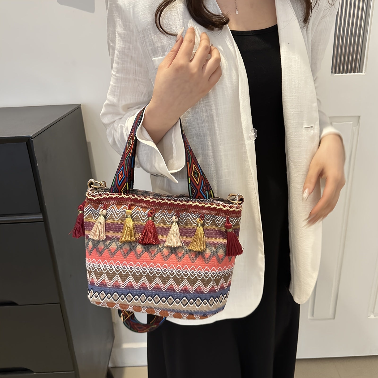 Boho Woven Fringe Bucket Bag – Geometric Embroidery, Adjustable Wide Strap, Lightweight Polyester Tote for Women