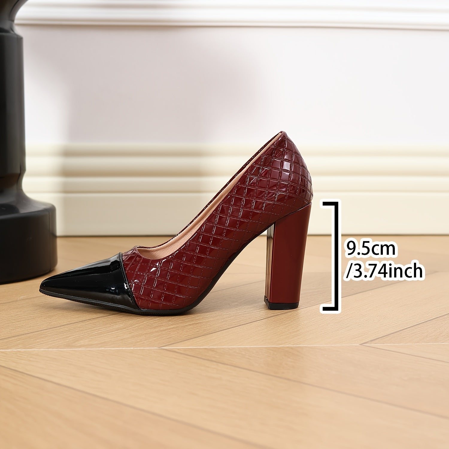 Women's Pointed-Toe Chunky Platform Heels 3.74 in (9.5 cm), Glossy Green Black Maroon Red, Non-Slip Rubber Sole Comfortable Block Heel Dress Shoes for Office & Parties