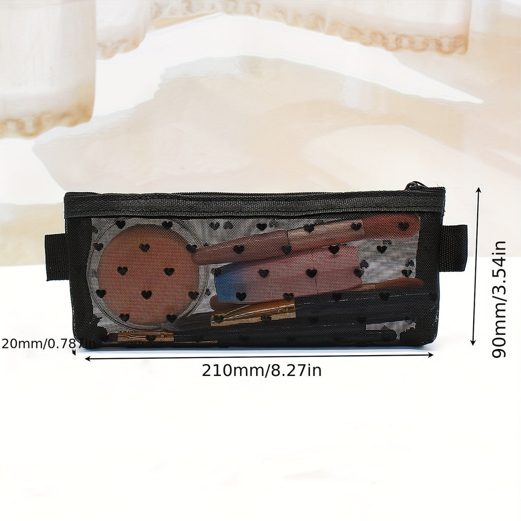 Women's Clear Travel Makeup Organizer Bag - Mesh Cosmetic & Toiletry Pouch with Heart Design & Brush Holder