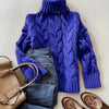 Women's High-Neck Cable Knit Sweater - Soft Blue Loose-Fit Long Sleeve Pullover for Fall & Winter