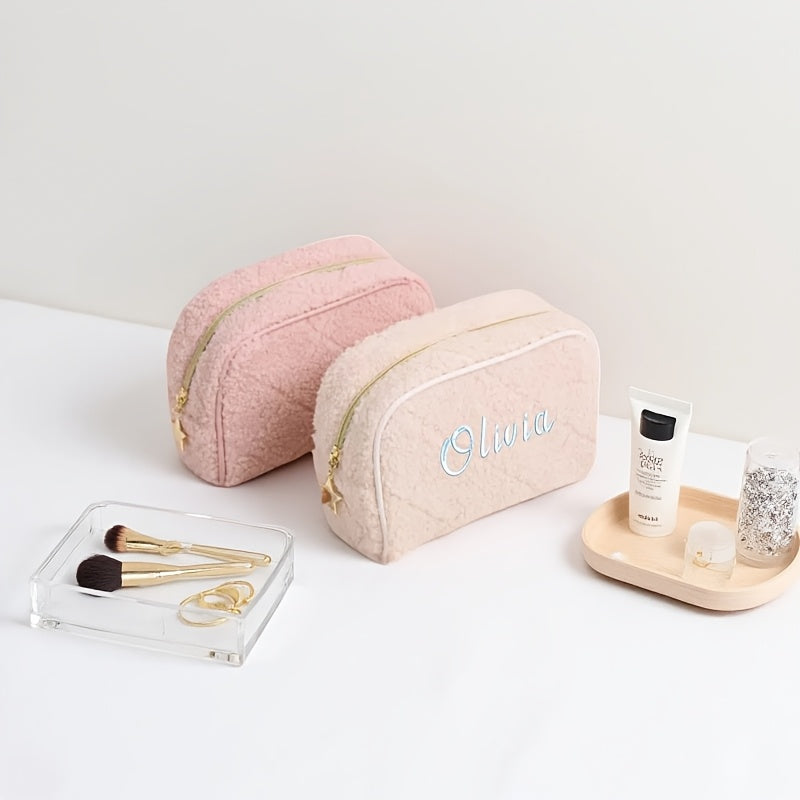 Personalized Embroidered Fuzzy Quilted Cosmetic Bag - Custom Makeup Pouch with Zipper & Shoulder Strap for Women