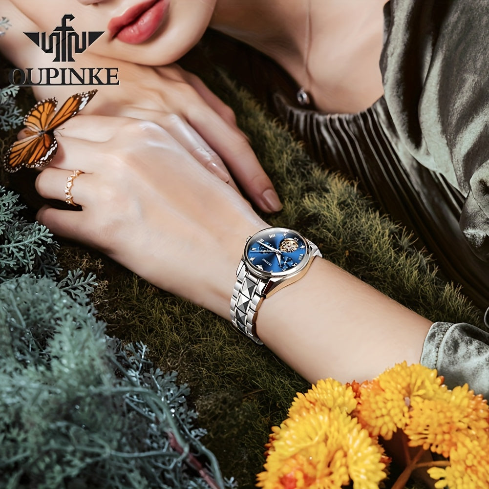 OUPINKE Women's Automatic Mechanical Dress Watch – Luminous Hands, Blue Dial with Gold Markers, Stainless Steel Case & Bracelet