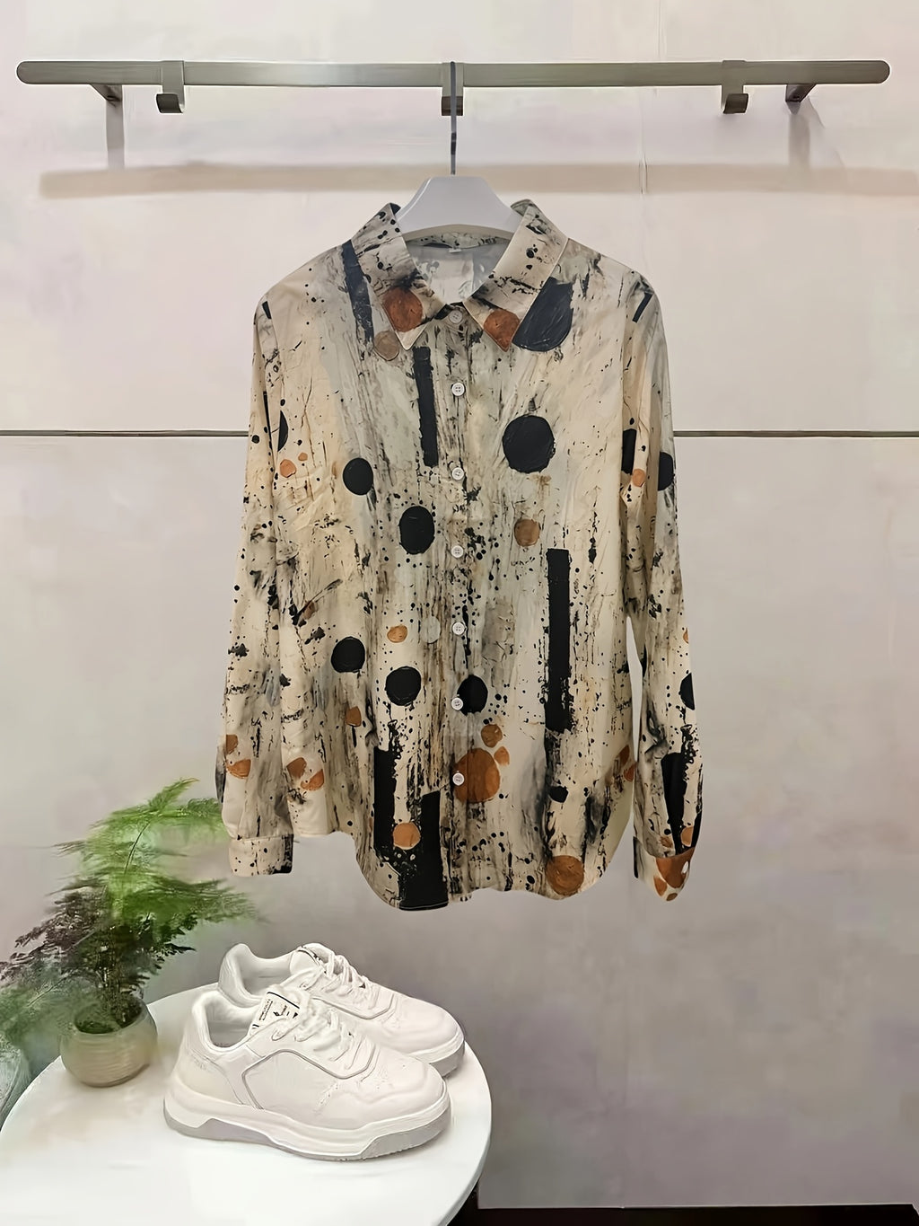 Women's Vintage Polka Dot Button-Up Blouse – Lightweight Long Sleeve Shirt with Ruffle Cuffs (100% Polyester)