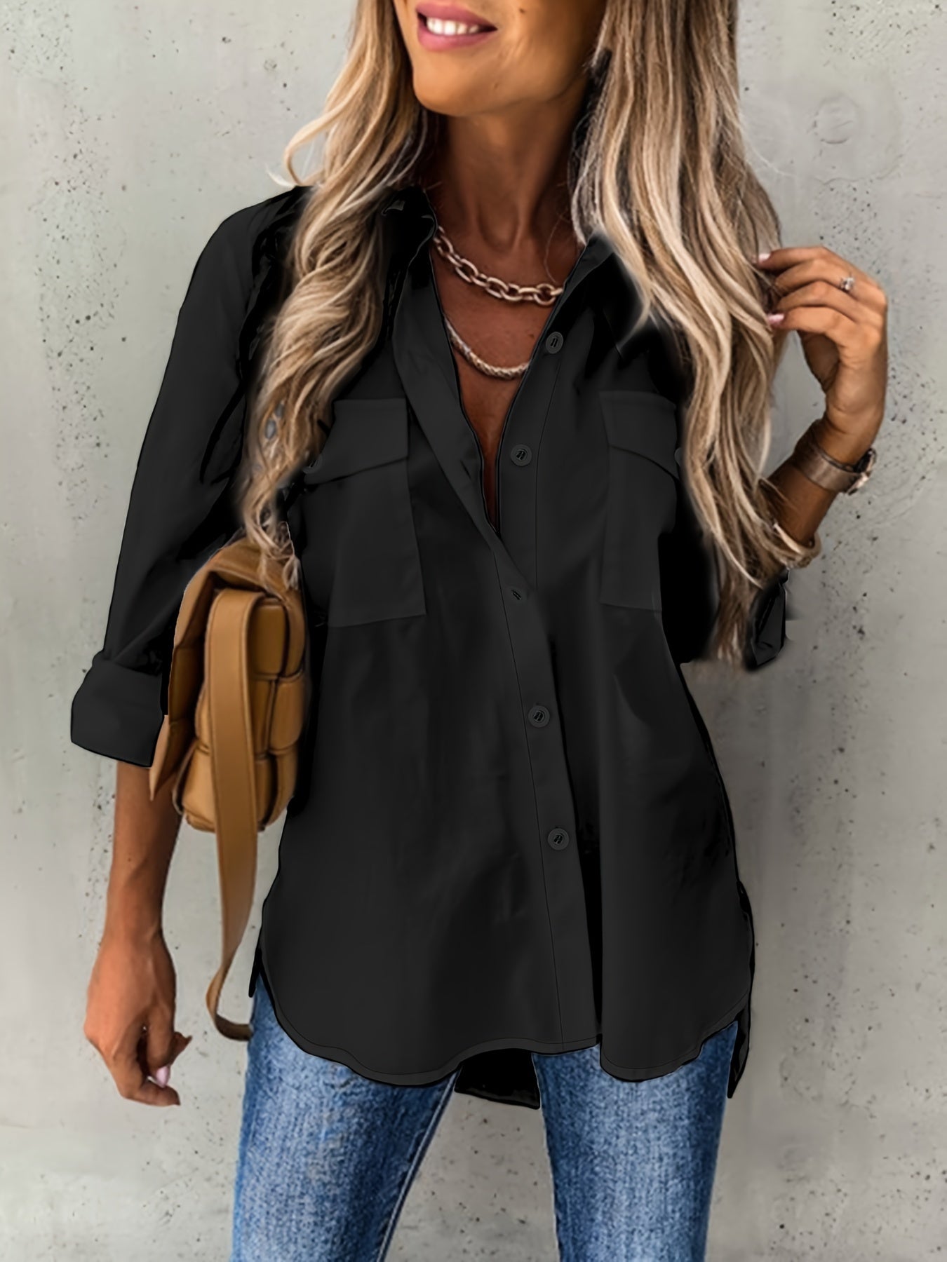 Women's Button-Front Collared Long Sleeve Shirt — Solid Casual Office Blouse
