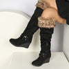 Women's Chunky Platform Slip-On Boots, Thick Platform Heels, All-Season Western Boots with Non-Slip Rubber Sole (Beige/Black)