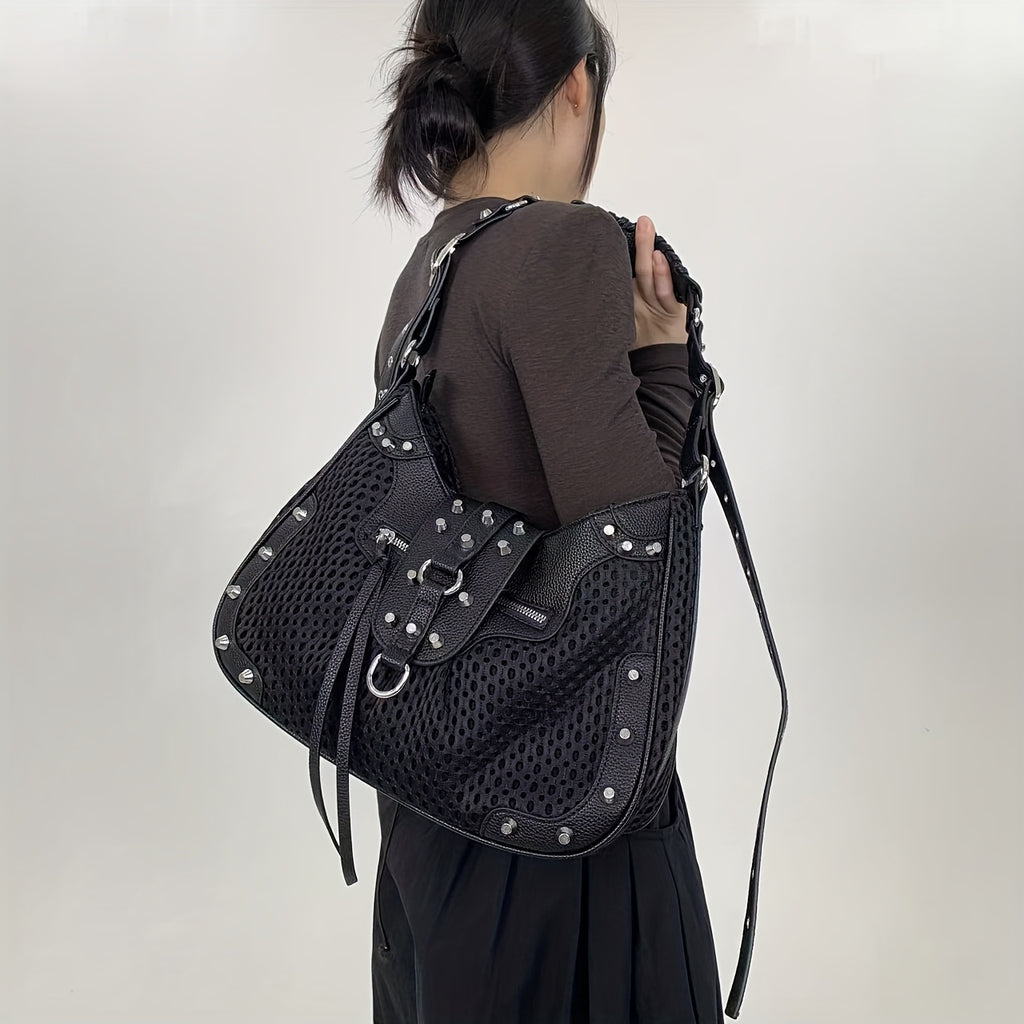 Women's Large Capacity Y2K Retro Mesh Bucket Bag - Adjustable Strap, Multi-Pocket Nylon Crossbody with Gold-Tone Hardware & Zipper Closure