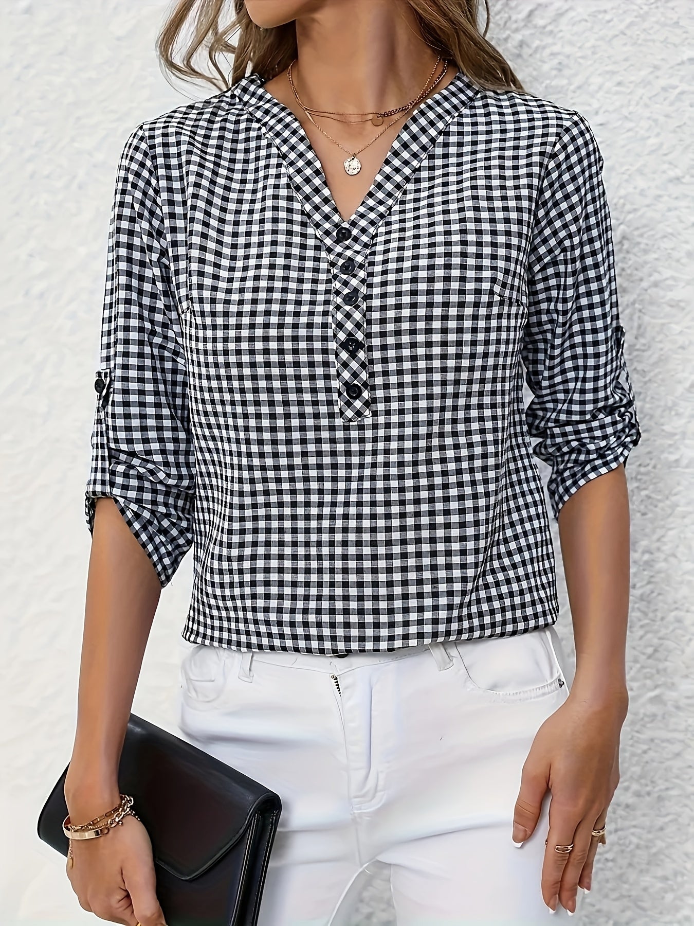 Women's Polyester V-Neck Plaid Blouse with Button Detail and Roll-Up Sleeves, Casual Spring Summer Fall Top
