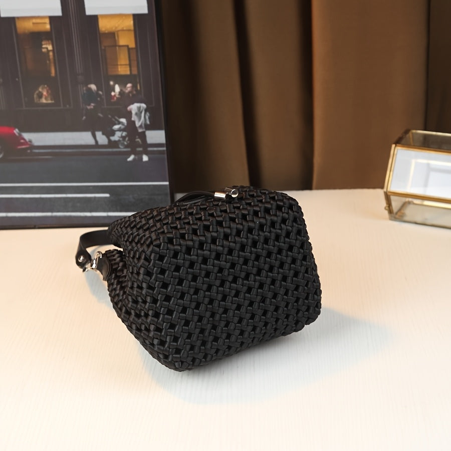 Women's Handwoven Mini Bucket Bag - Detachable Adjustable Shoulder Strap, Drawstring Closure, Durable Nylon Crossbody Purse, Black