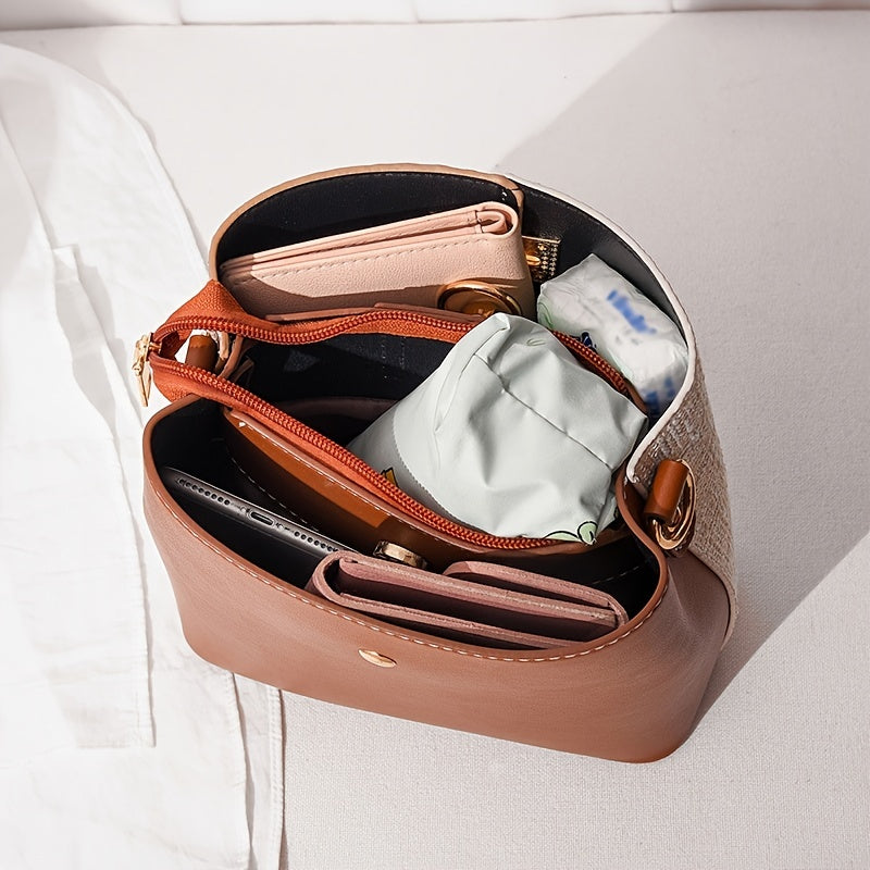 Women's Two-Tone Faux Leather Small Crossbody Bucket Bag – Detachable Strap, Zipper Closure, Metallic Buckle – Red / Blue / Black