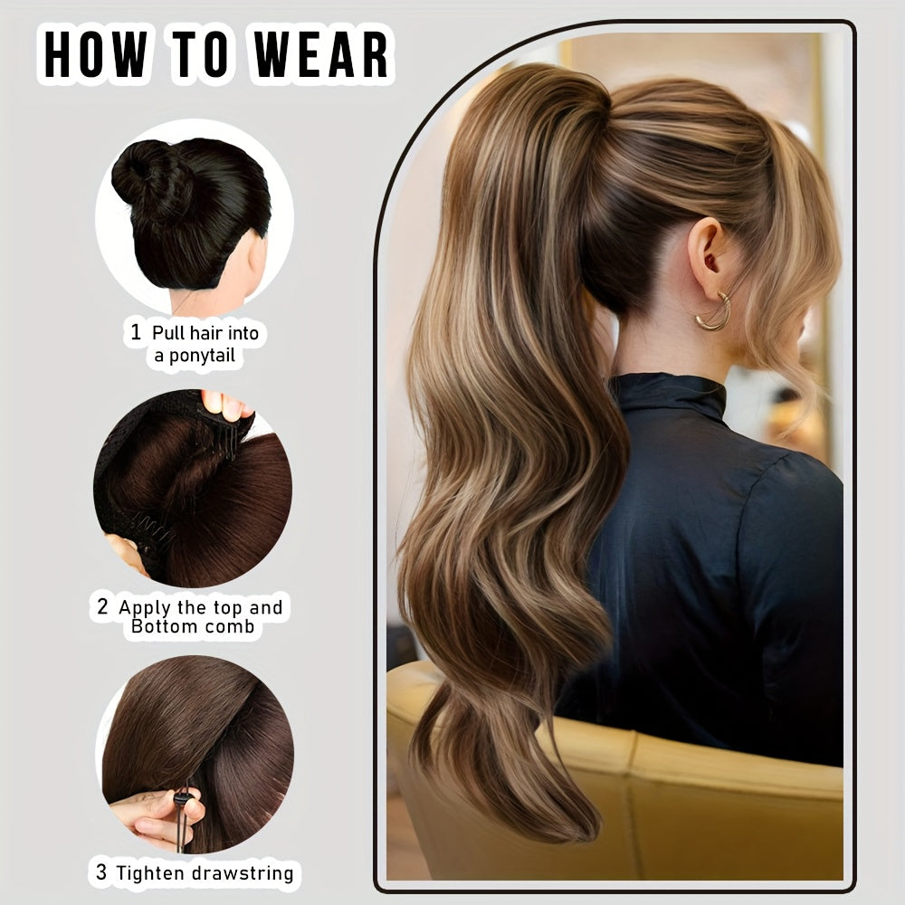 7JHH WIGS 28-Inch (71 cm) Loose Curly Drawstring Ponytail Hair Extension – Natural Brown Ombre, Heavy-Duty Realistic Volume for Women