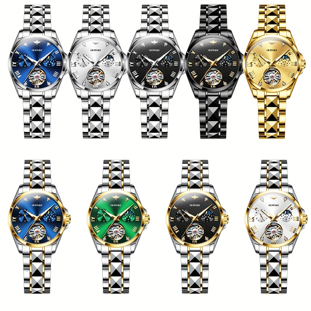 OUPINKE Women's Automatic Mechanical Dress Watch – Luminous Hands, Blue Dial with Gold Markers, Stainless Steel Case & Bracelet