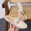 Women’s Glossy PVC Slip-On Mules – Pointed Toe Flat with Gold Buckle & Arch Support, Slip-Resistant Black Dress Shoes