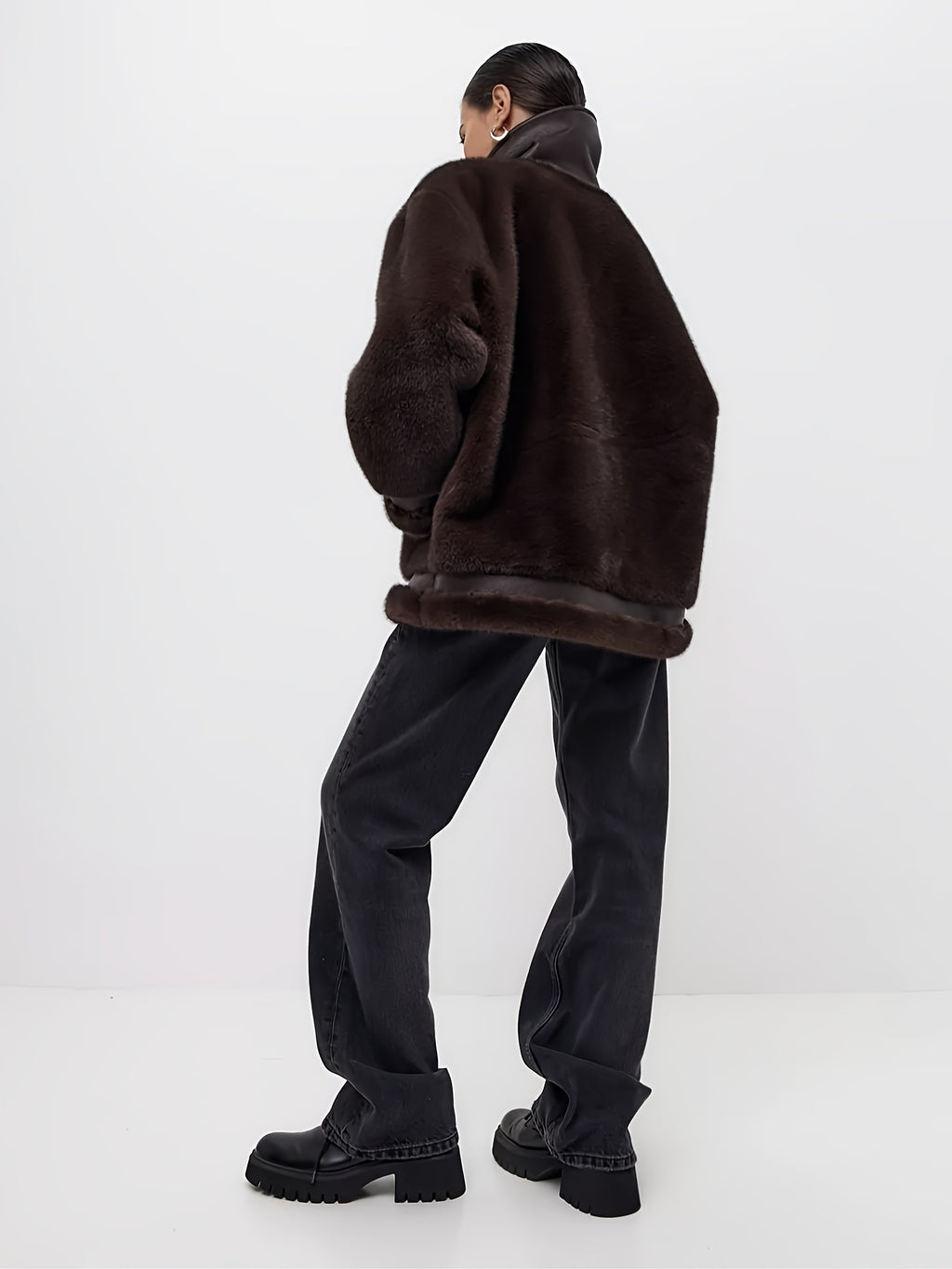 AFTF BASIC Women's Long Faux Mink Fur Jacket, Asymmetrical Hem Motorcycle Coat with Turnover Collar and Faux Fur Lining