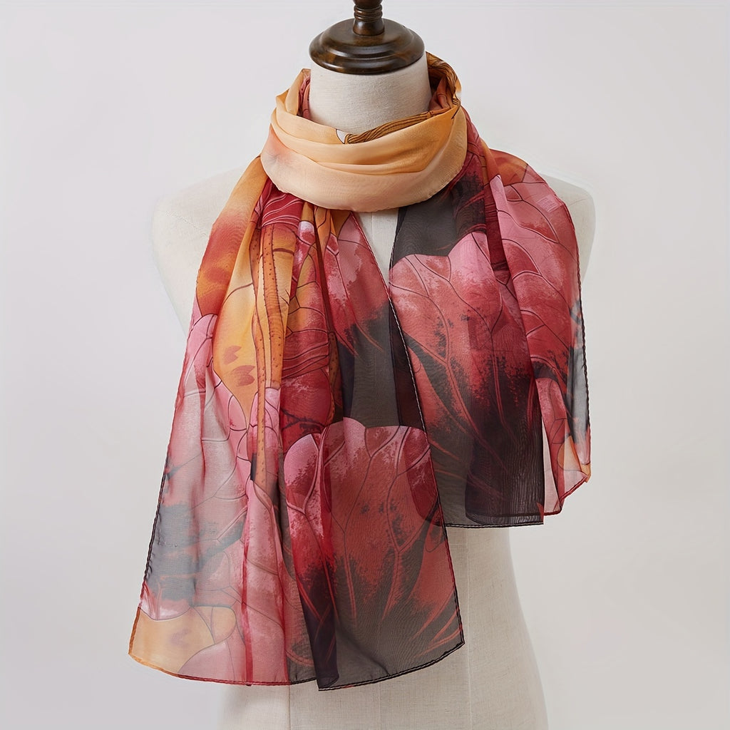 Large Lotus Print Chiffon Scarf, Lightweight Floral Shawl for Women, Breathable Beach Wrap & Travel Headscarf