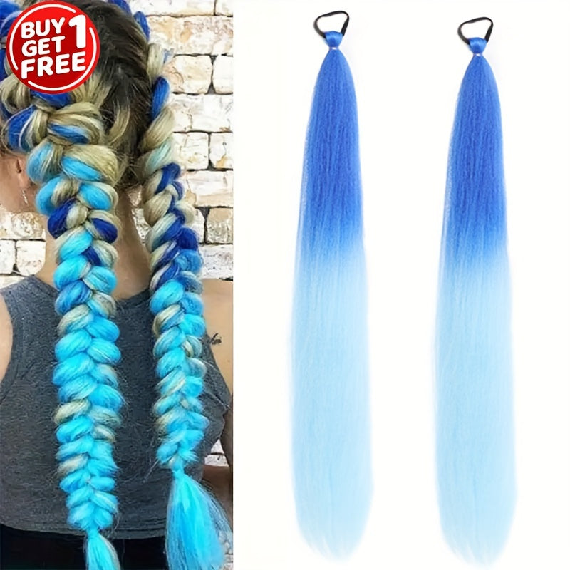 Buy One Get One Free Synthetic Straight Ponytail Extension with Elastic Hair Tie, Colorful Braided Hairpiece for Women, Party & Festival