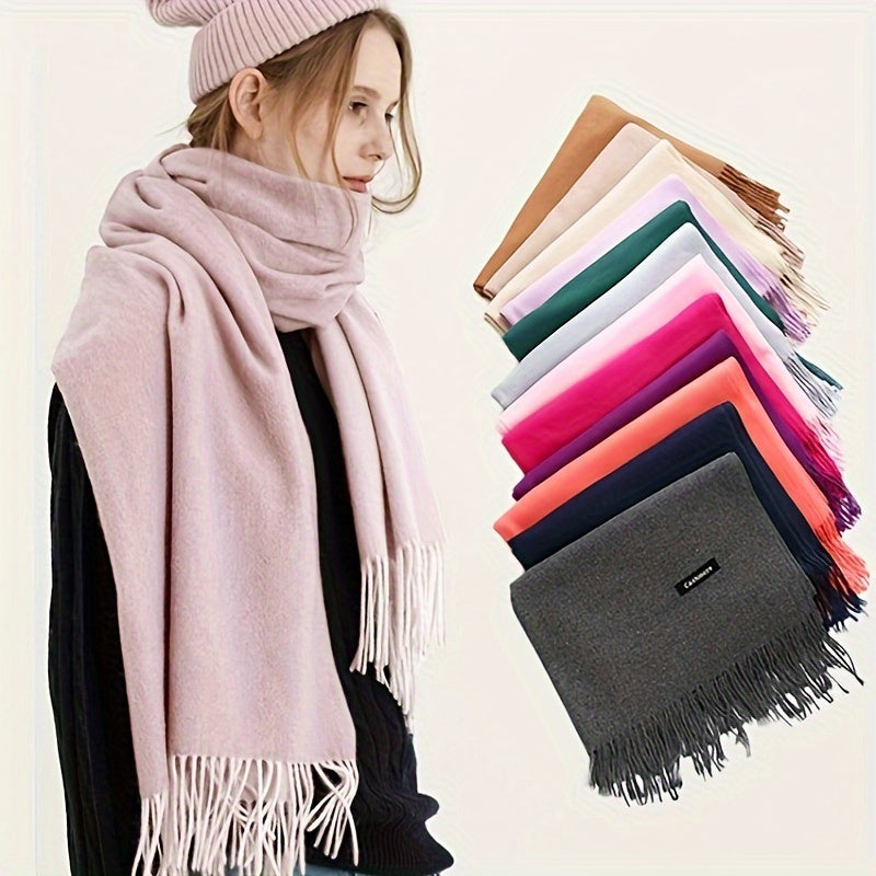 Unisex 100% Cashmere Scarf – Soft Tassel Shawl & Headscarf for Autumn & Winter, Neutral Solid Wrap