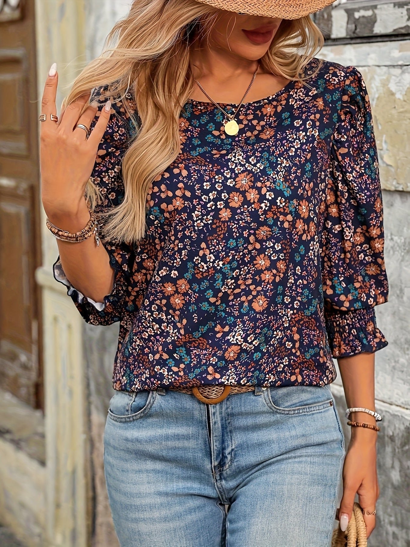 Boho Floral Smocked Blouse – Shirred Neckline, 3/4 Sleeve Women's Top (All-Season Casual & Party Wear)