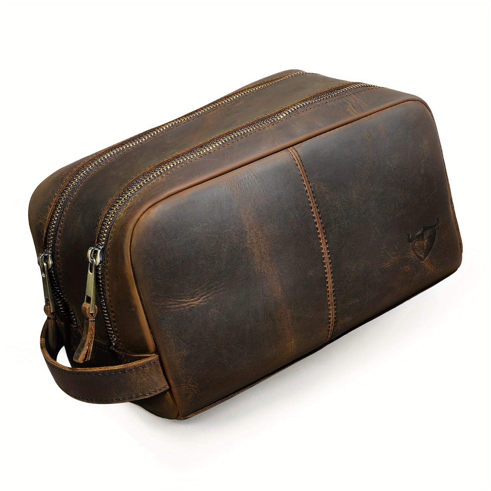 Top-Grain Cowhide Leather Men's Retro Dopp Kit Toiletry Bag – Zippered Multi-Compartment