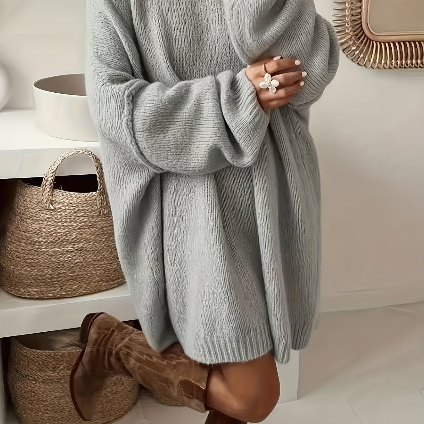 Plus Size Oversized Sweater Dress - Soft Beige Long Knit Pullover Coat, Crew Neck, Relaxed Fit, Machine Washable