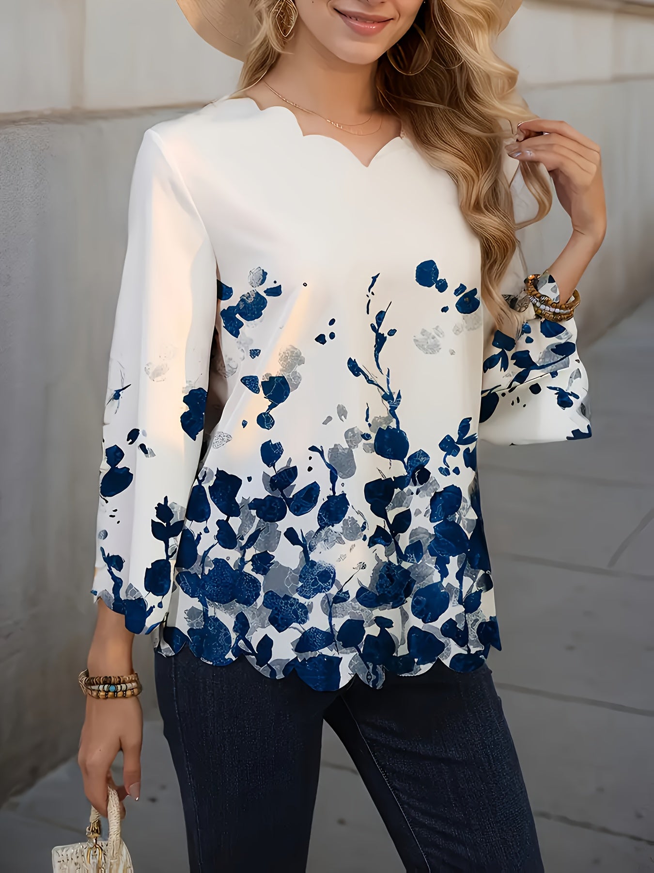 Elegant Floral Women's Short Sleeve Blouse - Black & White Dot Tunic with Collar, Machine Washable, Casual to Dressy