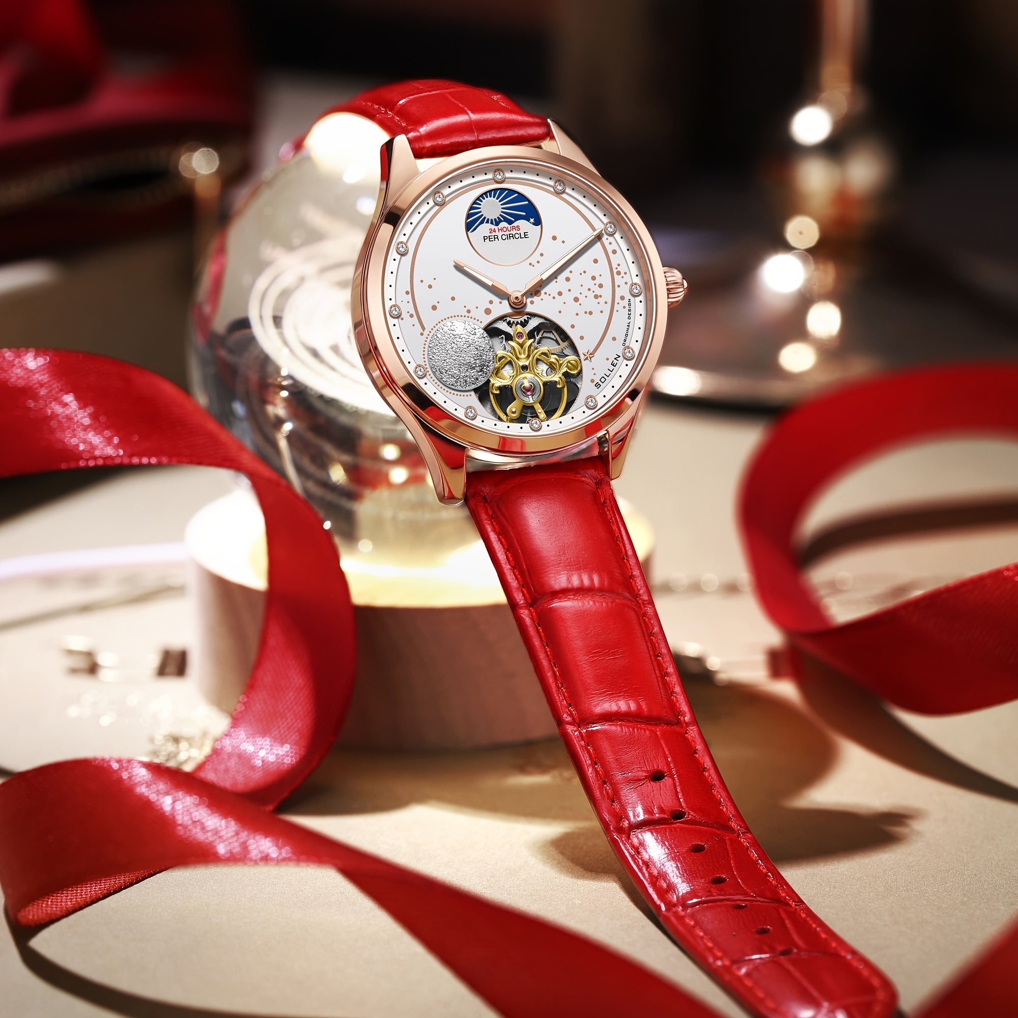 Women's Mechanical Skeleton Watch with Luminous Hands, Rose Gold Case & Red Leather Strap, White Dial Luxury Gift