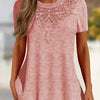 Women's Summer Lace-Trim Pullover Top - Light Gray Short Sleeve Casual Blouse, Medium Stretch, Machine Washable