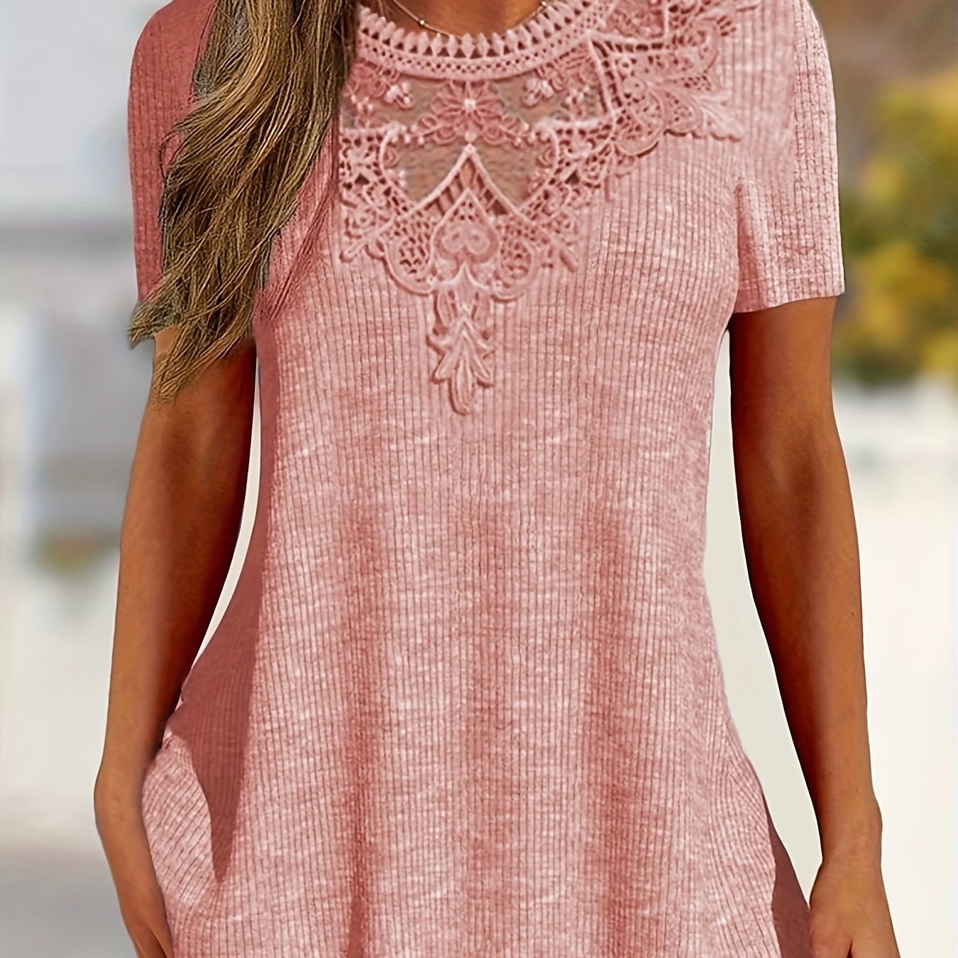 Women's Summer Lace-Trim Pullover Top - Light Gray Short Sleeve Casual Blouse, Medium Stretch, Machine Washable