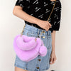 Plush Heart-Shaped Faux Fur Shoulder Bag with Pom-Pom Wristlet - Zipper Closure Cozy Winter Handbag (Beige, Pink, White, Red, Black)