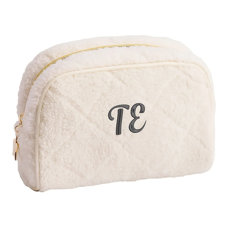 Personalized Embroidered Fuzzy Quilted Cosmetic Bag - Custom Makeup Pouch with Zipper & Shoulder Strap for Women