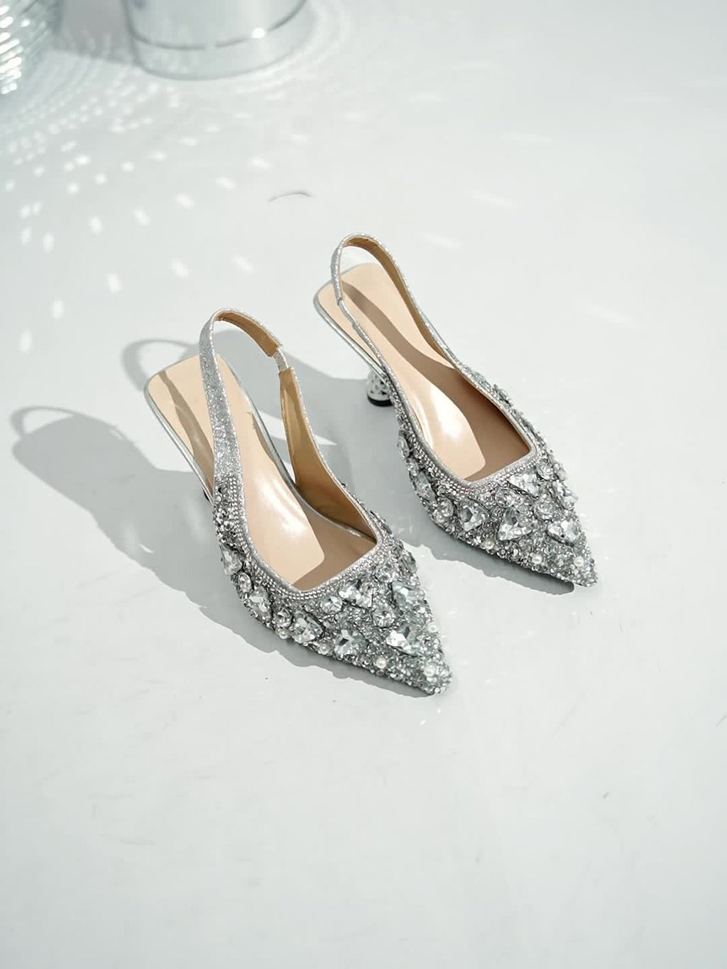 Women's Silver Pointed Toe D'Orsay High Heels - Rhinestone & Pearl Embellished Flare Heel Evening Pumps