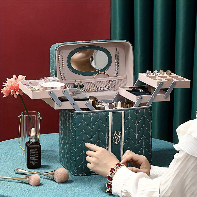 Large Travel Makeup Bag with Mirror & Jewelry Organizer - Embroidered PU Cosmetic Case, Multiple Compartments (Red/Green/White)