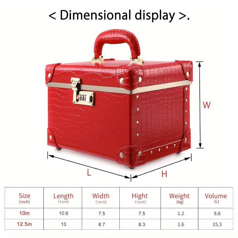 Retro Leather-Look Makeup Train Case with Combination Lock — 12.5 in (32 cm) Red Crocodile Cosmetic Organizer