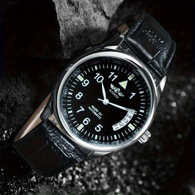 WINNER Self-Winding Mechanical Watch for Women & Men - Large Dial, Round Alloy Case, PU Leather Strap, Calendar