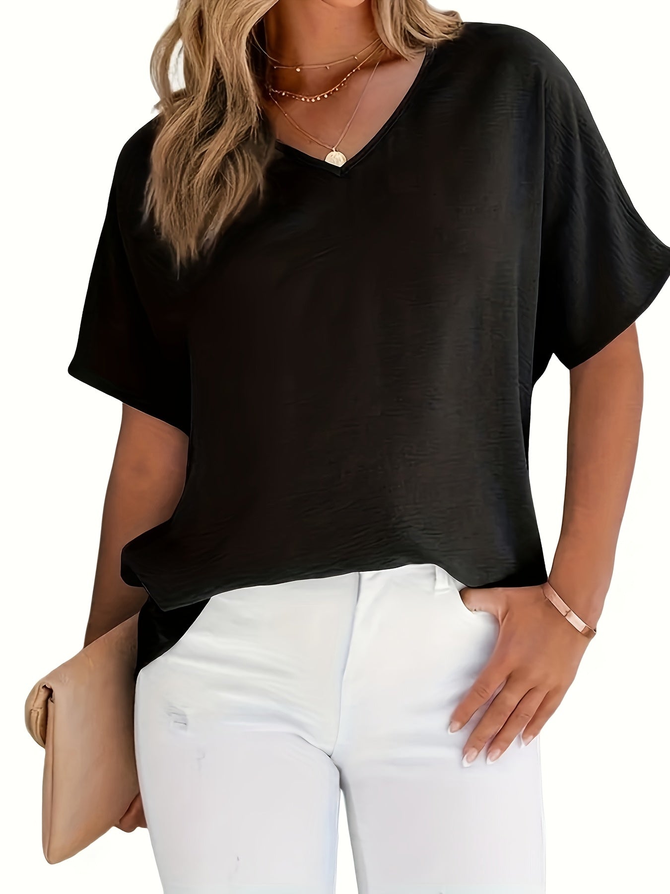 Women's Black V-Neck Blouse – Lightweight Semi-Sheer Polyester Top for Office & Casual Wear, Machine Washable