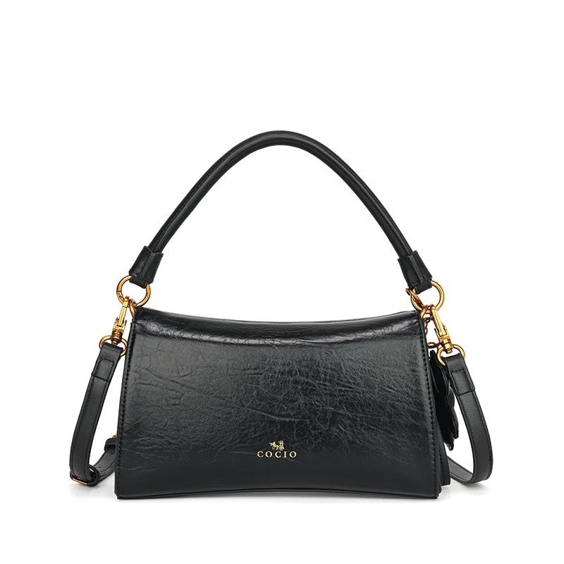 Waxed Leather Baguette Underarm Bag for Women - Elegant Zipper Wristlet Crossbody Messenger