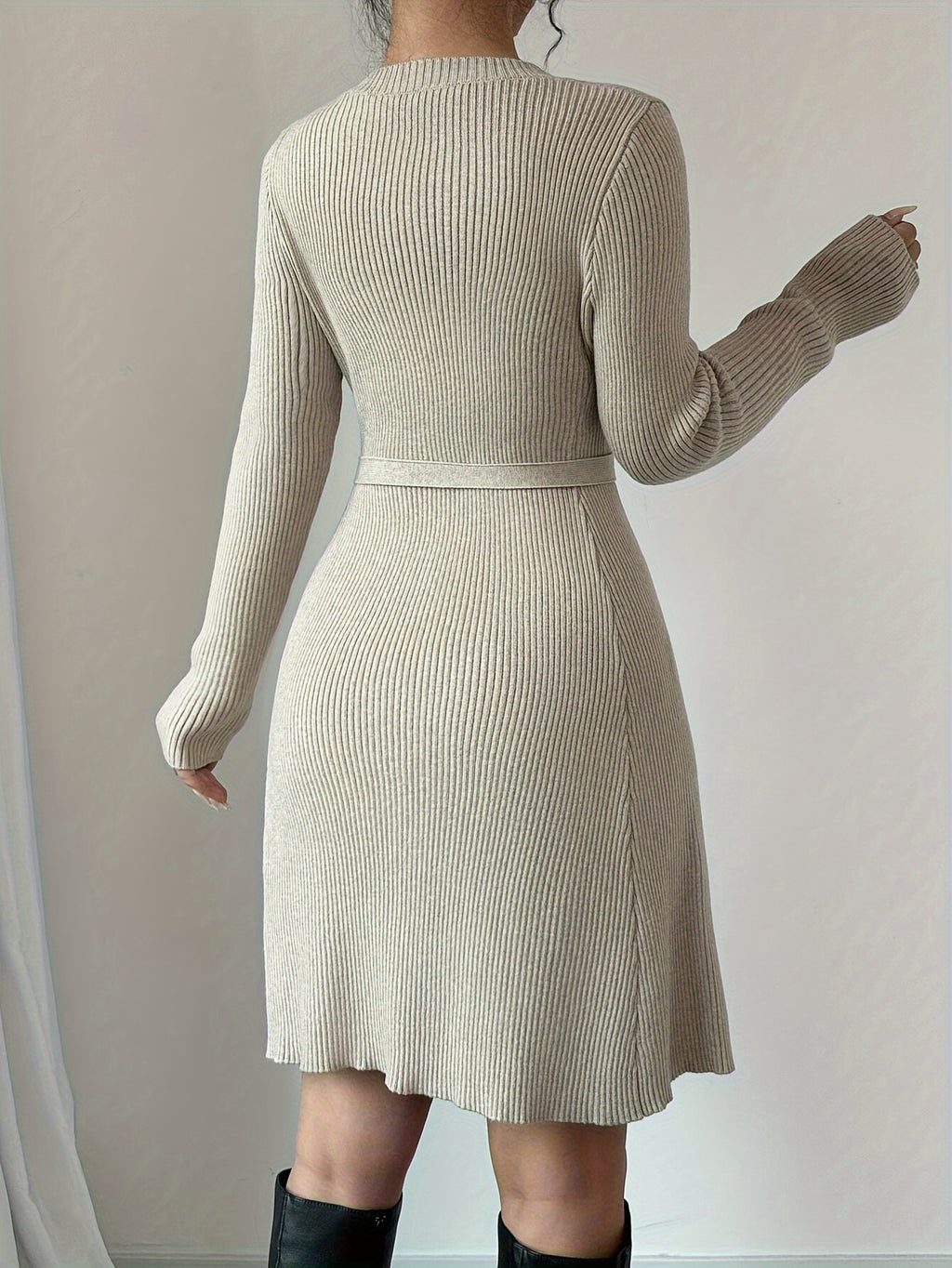 Lace-Up Knit Sweater Dress - Long Sleeve Cozy A-Line Pullover for Women