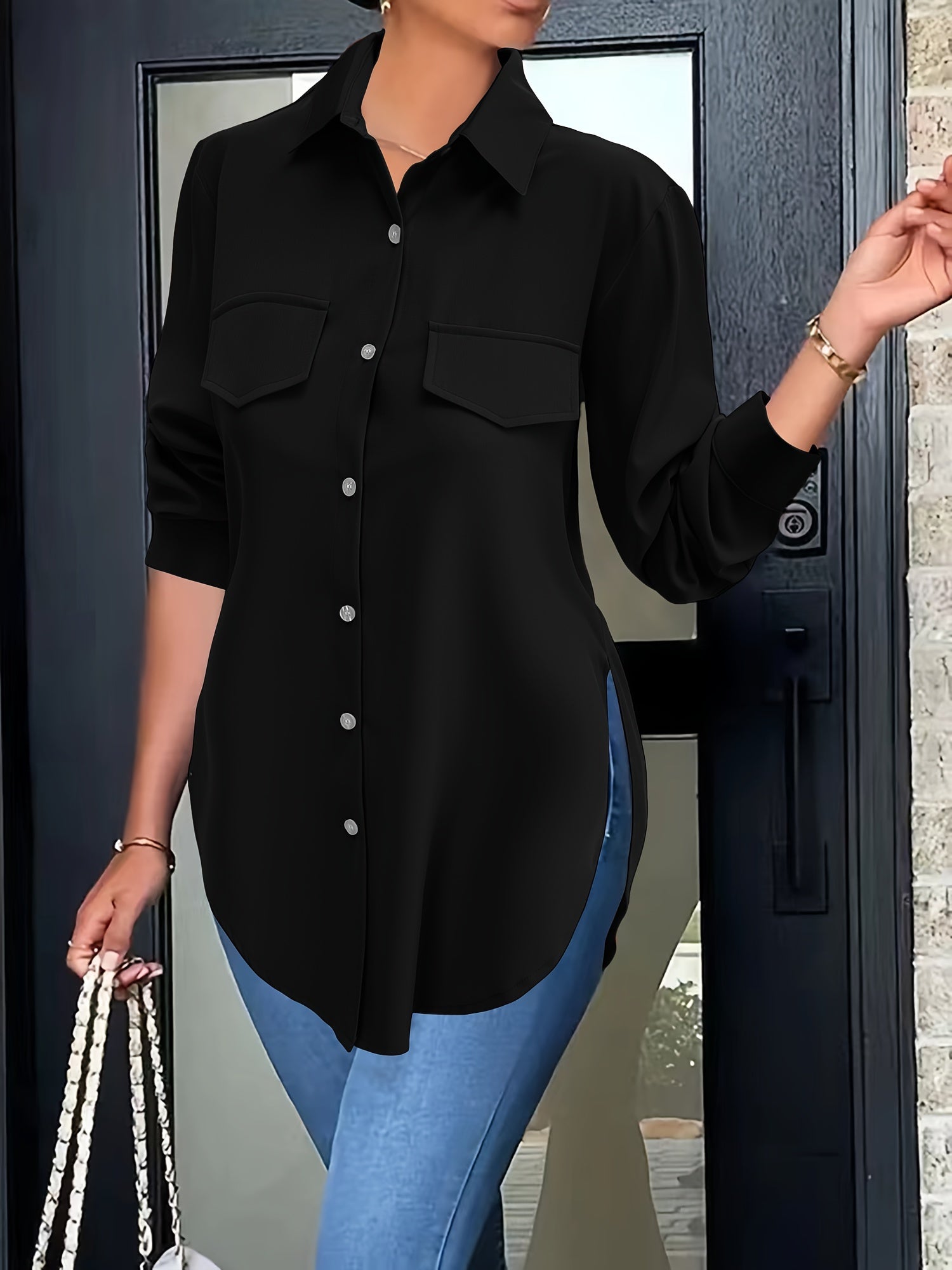 Women's Lapel Collar Button-Front Shirt — Solid Woven Blouse, Lightweight Semi-Sheer All-Season Casual Top