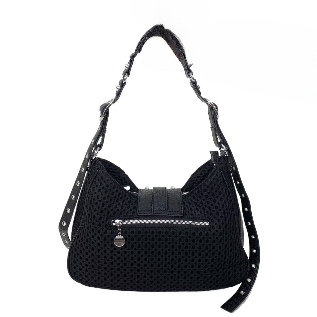 Women's Large Capacity Y2K Retro Mesh Bucket Bag - Adjustable Strap, Multi-Pocket Nylon Crossbody with Gold-Tone Hardware & Zipper Closure