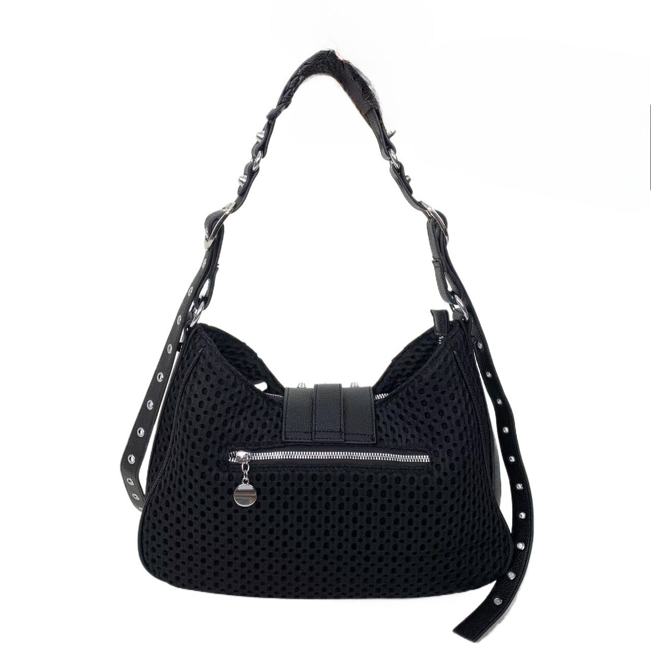 Women's Large Capacity Y2K Retro Mesh Bucket Bag - Adjustable Strap, Multi-Pocket Nylon Crossbody with Gold-Tone Hardware & Zipper Closure