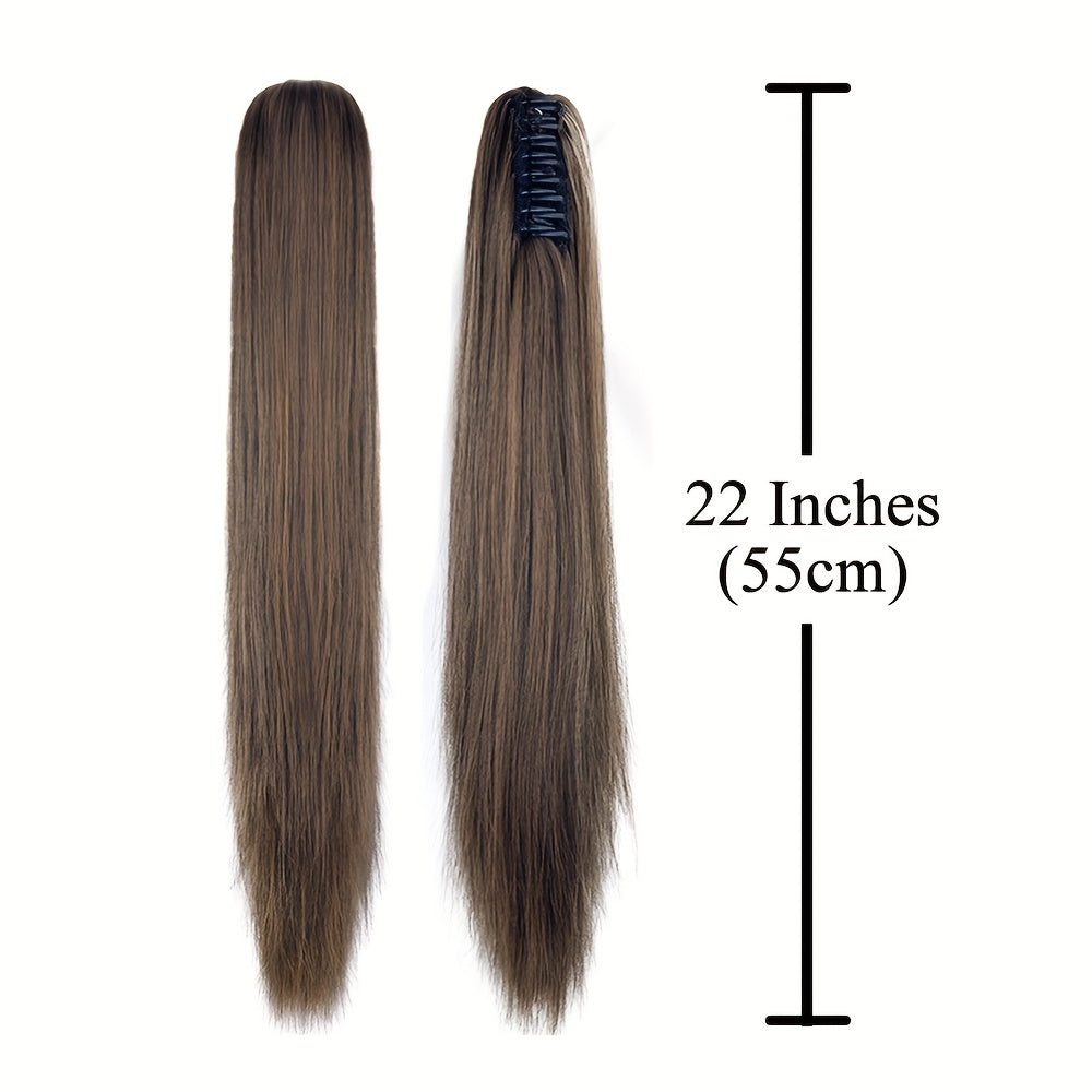 22-Inch (56 cm) Straight Synthetic Ponytail Extension with Claw Clip - Heat-Resistant Black & White Hairpiece for Women