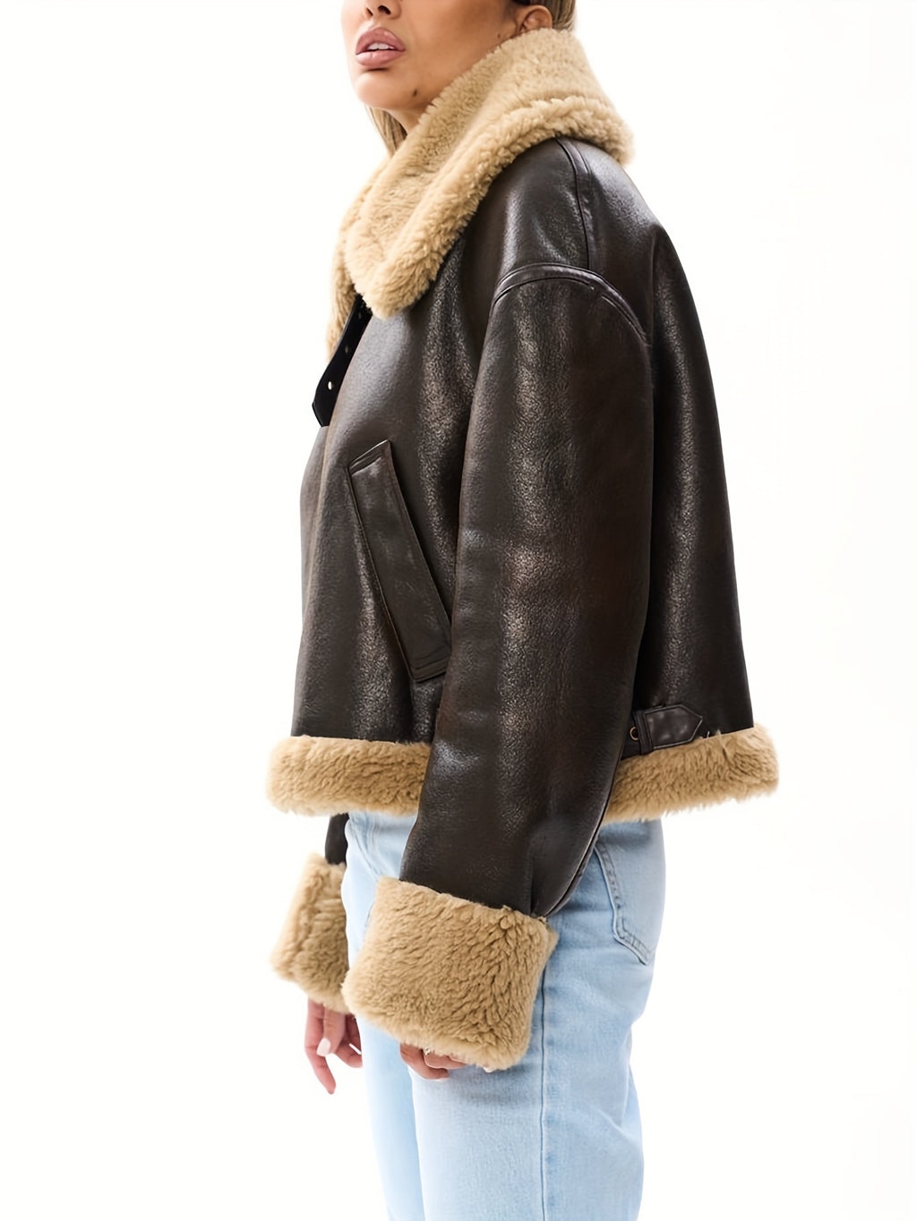 Women's Faux Leather Biker Jacket with Faux Fur Lining – Warm Winter Coat