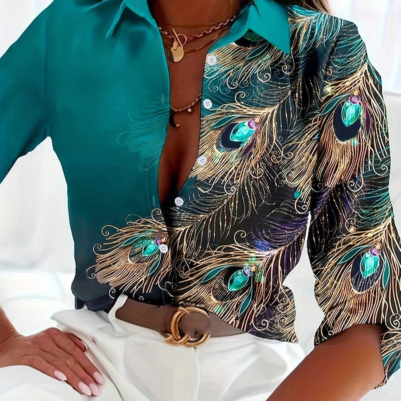 Women's Peacock Print Button-Front Blouse - Turquoise with Gold Buttons, Lapel Collar, All-Season Office & Party Top