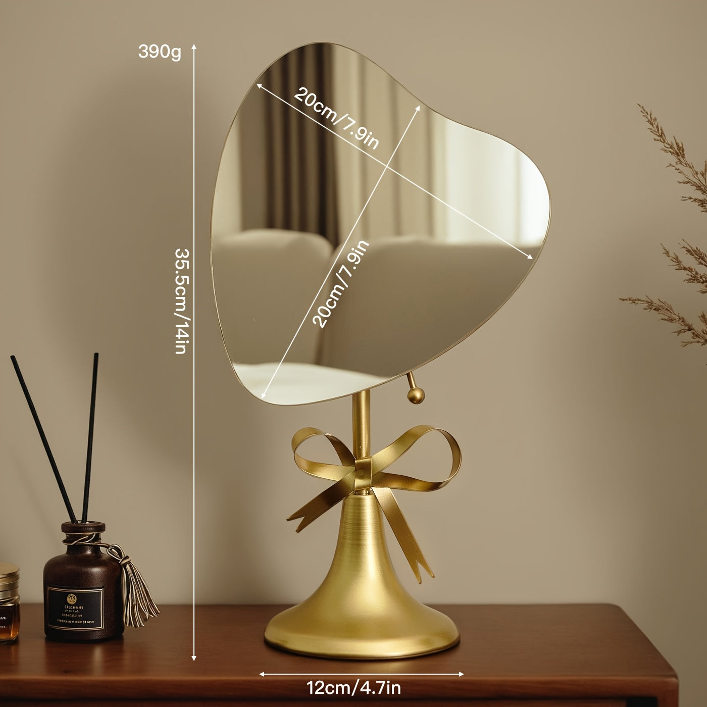 Adjustable Heart Base Makeup Mirror — Tabletop & Hanging Vanity Mirror, Portable No-Power Metal Mirror (Gold/Black)