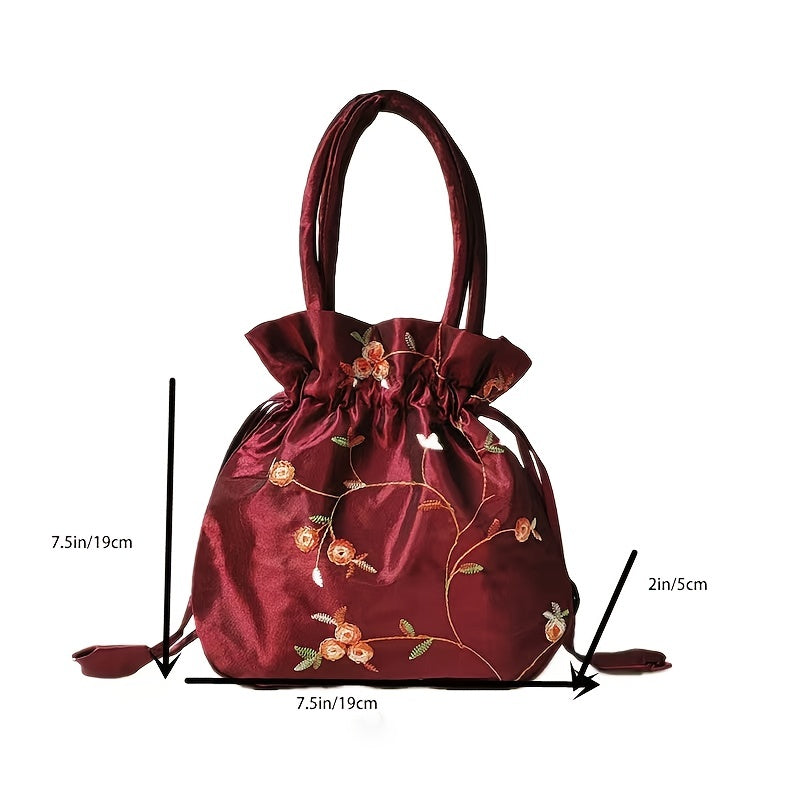 Elegant Floral Embroidered Drawstring Clutch – Cute Bucket Purse with Polyester Lining for Coins & Phone (Multiple Colors)