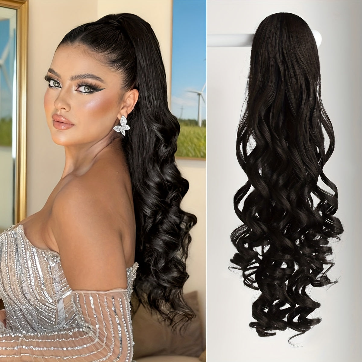 28-inch (71 cm) Deep Wave Drawstring Clip-On Ponytail Hair Extension, Heat-Resistant Synthetic, Multi-Color