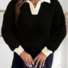 Women's Plus Size Soft Stretch Winter Sweater - Knit Pullover with Lapel Collar, Solid Color Elegant Middle Eastern-Inspired Design