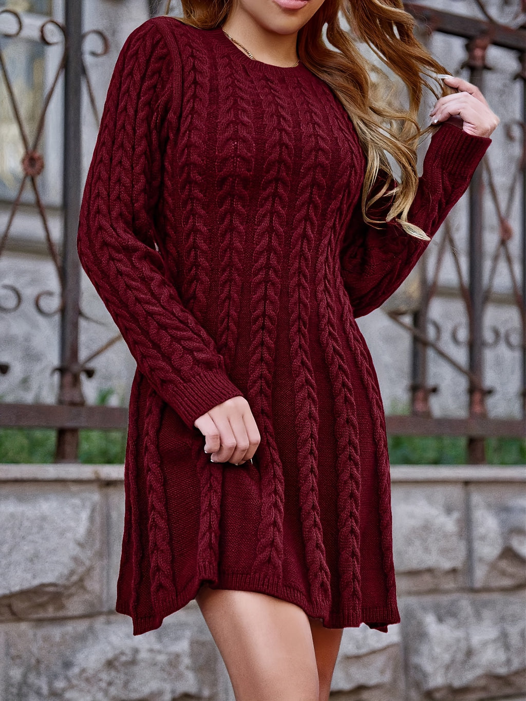 Women's Knit Sweater Dress – Long Sleeve Crew Neck, Solid Color Fall/Winter Casual to Formal